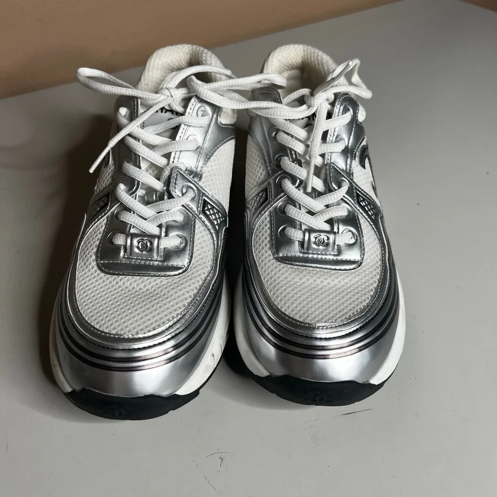Chanel Metallic Silver White Mesh CC Logo Low Top Sneakers Size 42